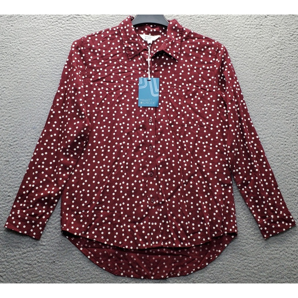 Market & Spruce Shirt Top Womens M Multi Polka Dot Roll Tab Sleeve Button-Up